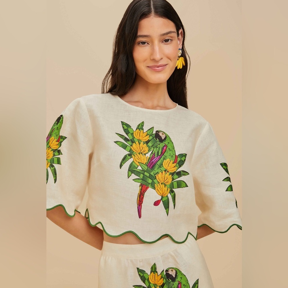 Farm Rio: Off-White Maracana Bird Premium Linen Blouse